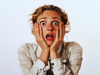 A woman with wide eyes and open mouth, holding her hands to her face, as if startled or shocked, depicting a moment of fear and surprise, a portrait of human emotion. 