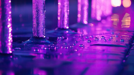 Mystical purple-lit dewdrop-covered pillars reflecting in the soft evening glow
