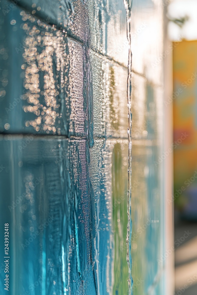 Poster close-up of water flowing down blue tiles, creating a refreshing and textured background