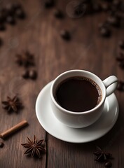 A steaming cup of aromatic coffee with a hint of cinnamon resting on a rustic wooden table.