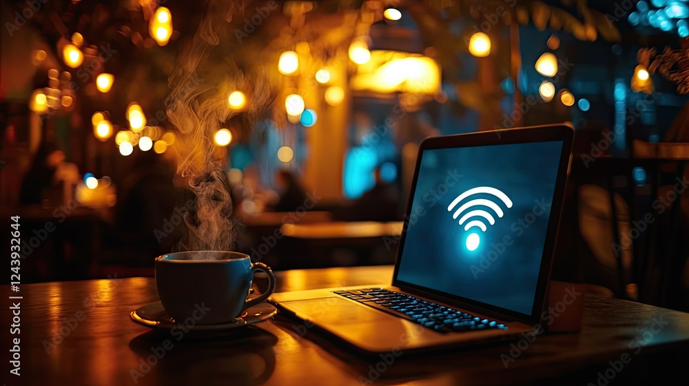 Poster nighttime cafe with steaming coffee and a laptop displaying a connected wifi icon