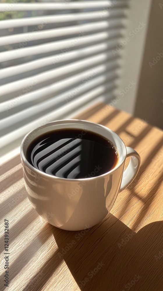 Poster Sunlight streams through striped blinds, casting soft shadows over a pristine white cup filled with rich black coffee on a smooth wooden table, inviting relaxation on a peaceful morning