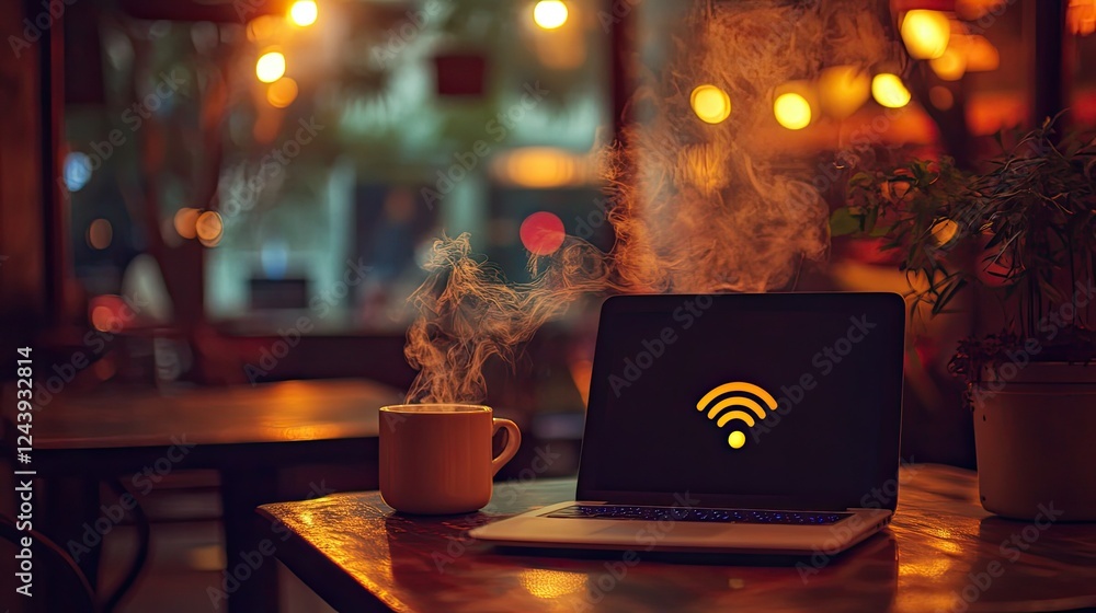 Poster nighttime cafe with steaming coffee and a laptop displaying a connected wifi icon