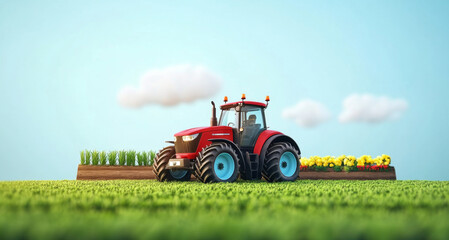 Obraz premium Modern tractor operates efficiently in vibrant fields, cultivating crops and flowers under a clear blue sky.