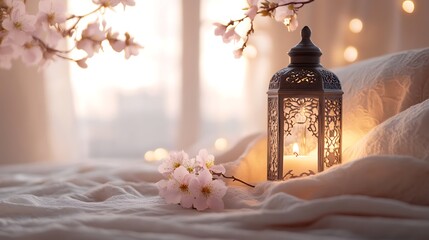 Illuminated Lantern and Spring Blossoms Resting on Soft Fabric
