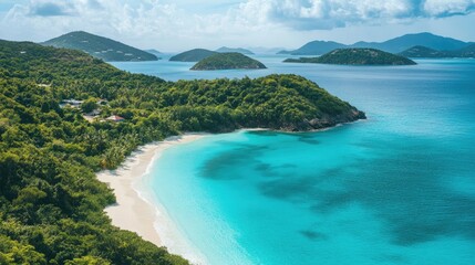 Fototapeta premium Peaceful island setting with dense green trees, soft white sand, and a calm turquoise sea stretching to the horizon