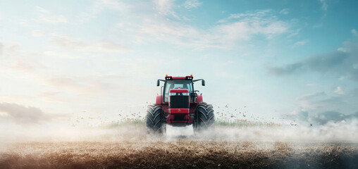 Fototapeta premium A powerful red tractor moves across a freshly plowed farm field, creating dust and mist. The sun shines brightly in the clear blue sky, highlighting the agricultural activity in a rural setting.