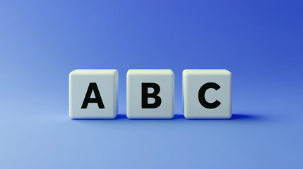 three white cubes with bold black letters "A," "B," and "C" arranged in a row against a soft blue background. The composition symbolizes learning, basics, and education