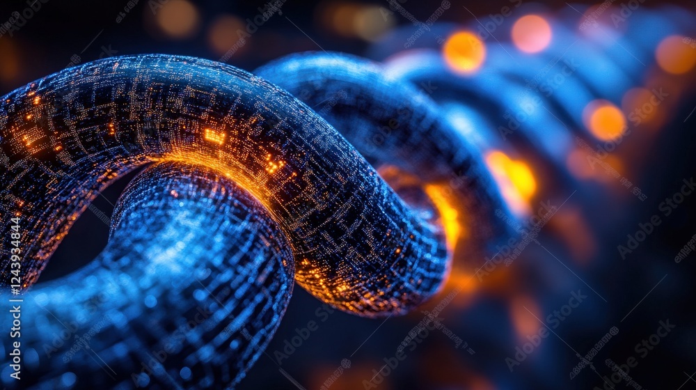 Poster close-up view of a futuristic glowing chain link with digital textures and ambient lighting