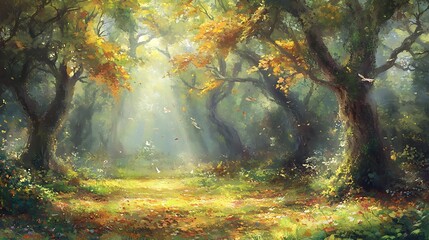 A peaceful woodland clearing with a soft carpet of fallen leaves, dappled sunlight, and the distant call of a bird