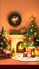 3D-Illustration. christmas scene with decorated tree and fireplace, Paper Cutout style. with white shades