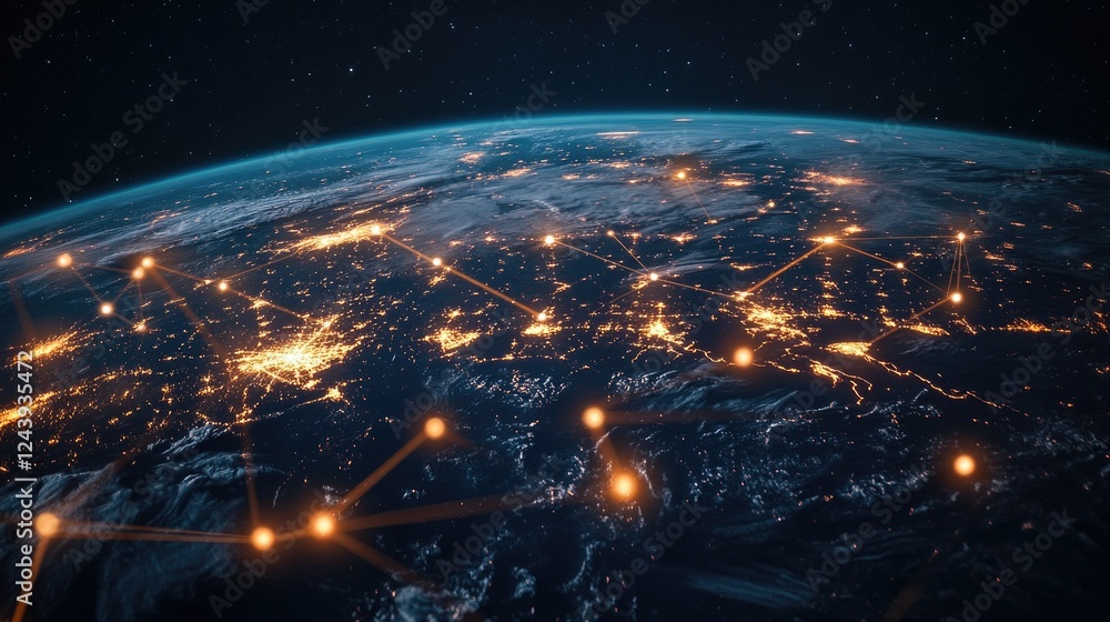 Poster spherical data points forming a web of technology-driven connections in space