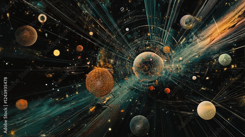 Poster spherical data points forming a web of technology-driven connections in space