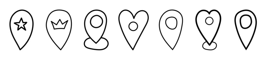 Various simple location markers in different shapes on a white background