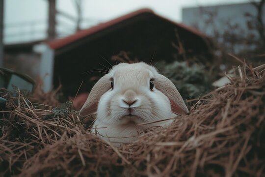 Lop-eared rabbit peeking from hay, shed backdrop, soft focus.