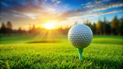 A golf ball on a tee at sunset on a lush green course