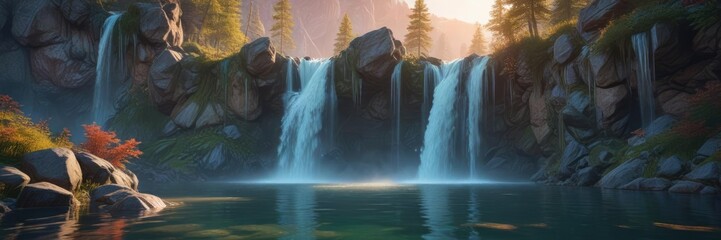Waterfall cascades into a crystal-clear lake at dawn, serene, calm, morning