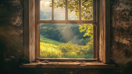 Sunlight pours through a vintage wooden window overlooking a lush green countryside