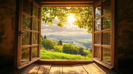 Sunlight pours through a vintage wooden window overlooking a lush green countryside
