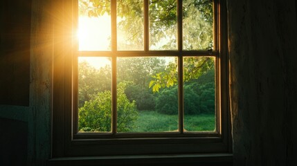 Sunlight pours through a vintage wooden window overlooking a lush green countryside