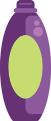 Simple illustration of a purple plastic bottle with a green label for shampoo, shower gel or other cosmetics