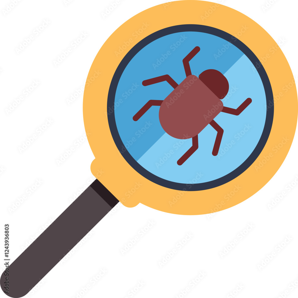 Poster magnifying glass is being used to closely examine a computer bug, highlighting the concept of identi