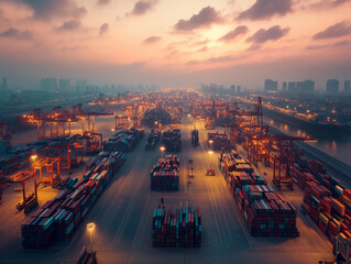 China responds decisively to tariffs through extensive trade activities amidst a vibrant sunset at a bustling port. Generative AI