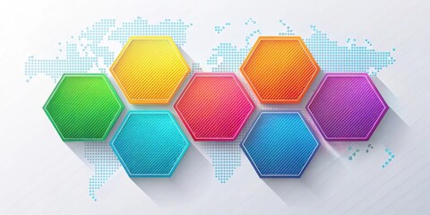 Colorful Hexagonal Elements on World Map Background for Global Business Presentation