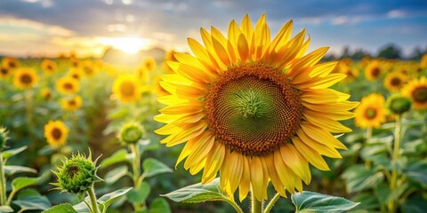 Obraz premium Large sunflower plant with multiple blooms and seed heads growing out of the center, garden, landscape, flowers, sunflower, growth