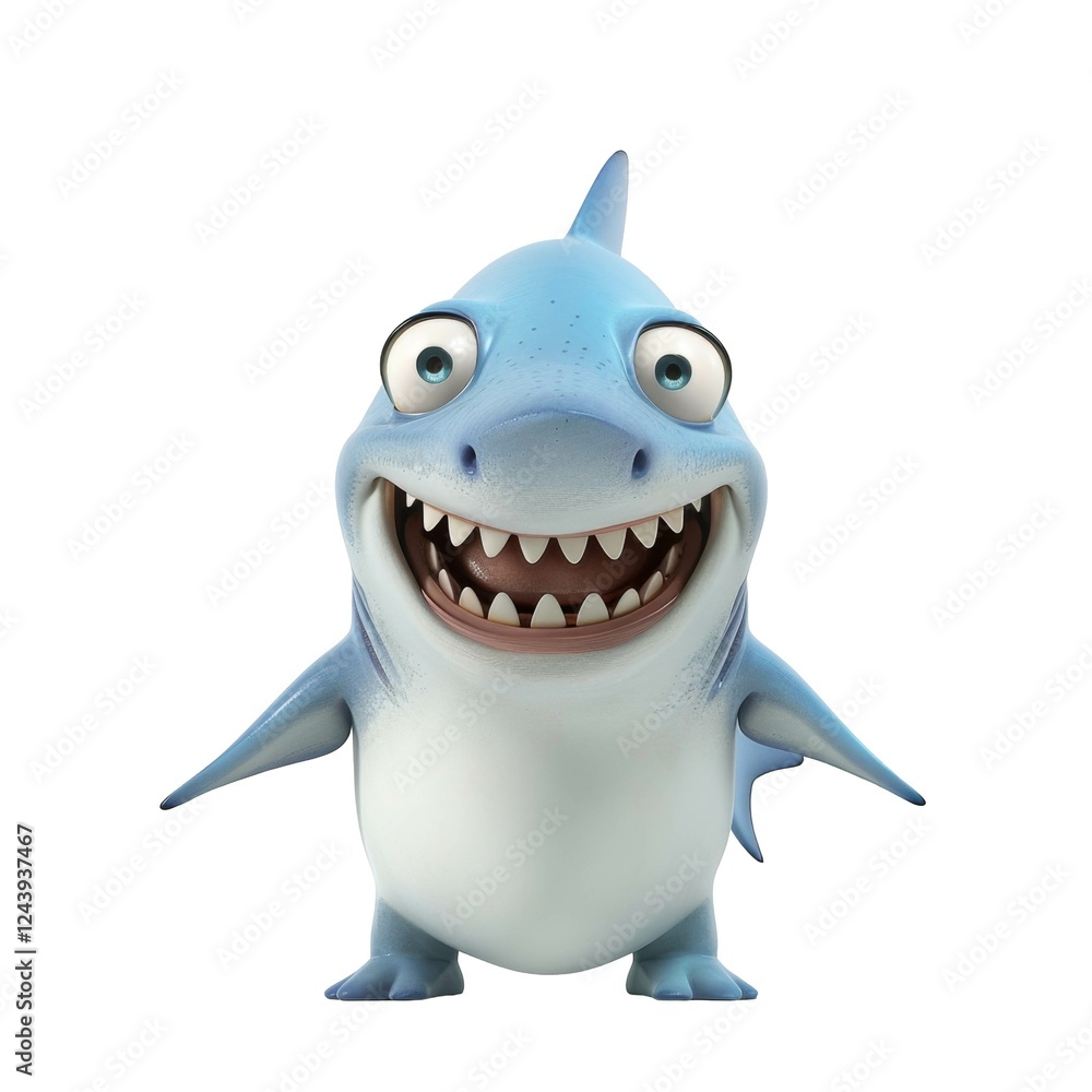 Poster Smiling cartoon shark with big eyes and friendly expression standing in a playful pose