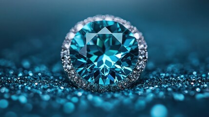 Fototapeta premium Blue diamond ring, close-up, glitter background, jewelry display