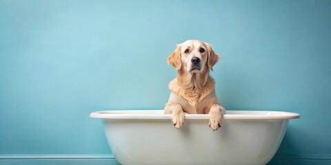 A golden retriever patiently waits in a clean bathtub against a serene blue wall