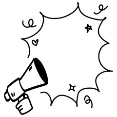 Loudspeaker attention announce. Sketch megaphone message sticker. Drawing doodle bullhorn news speaker. Drawn announcement advertising