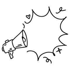 Loudspeaker attention announce. Sketch megaphone message sticker. Drawn announcement advertising. Drawing doodle bullhorn news speaker