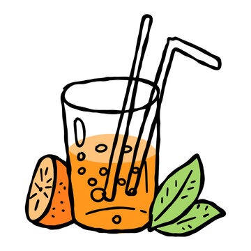 recommend clip art: Orange juice sticker. Glass with fruit martini alcohol cocktail. Tropical cartoon bar beverage drink. Fresh citrus summer juice with straw