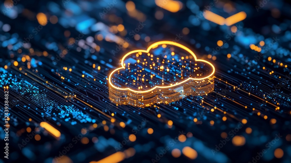 Poster A luminous cloud symbol floats above a network of glowing circuits and data connections, embodying the essence of digital technology and cloud computing in a futuristic environment