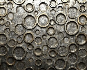 Abstract metallic texture with many circles in silver and gold tones. Dark background with varying sizes of rings. Industrial design