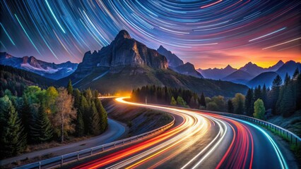 Mountain Road at Night with Star Trails and Light Trails
