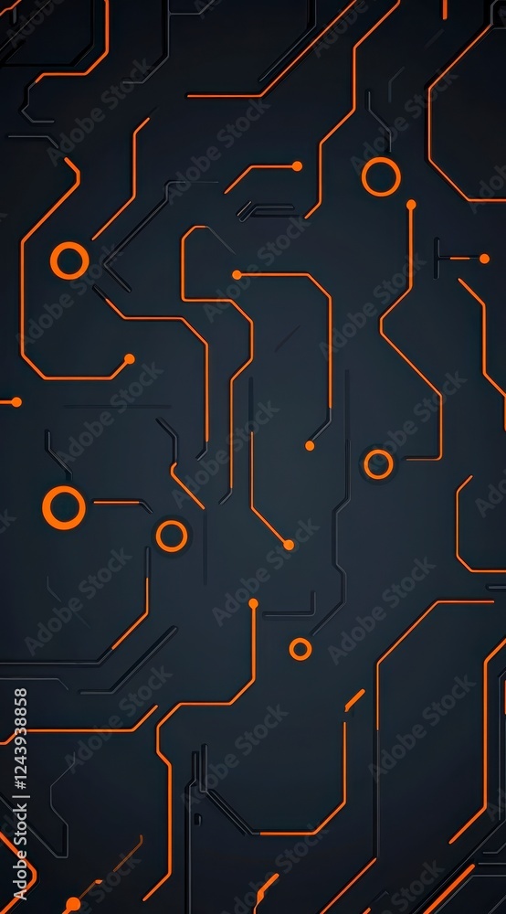 Poster abstract dark gray background with orange circuit lines, technological texture, digital pattern, mod