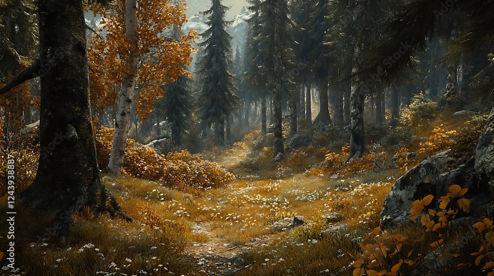 Poster serene alpine forest with towering pines and rustling branches