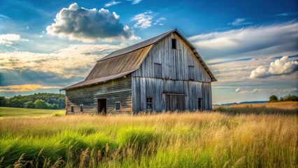Obraz premium Rustic Wooden Barn in a Sunlit Meadow with Rolling Hills in the Distance