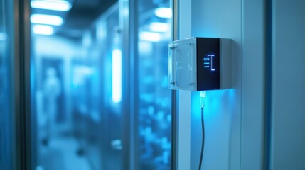 A closeup of an AIenabled sensor probe affixed to a laboratory freezer wall designed to track temperature and humidity levels with precision. The probe is connected to a cloud interface
