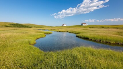 Obraz premium Serene coastal marsh, two houses, sunny sky. Ideal for travel brochures