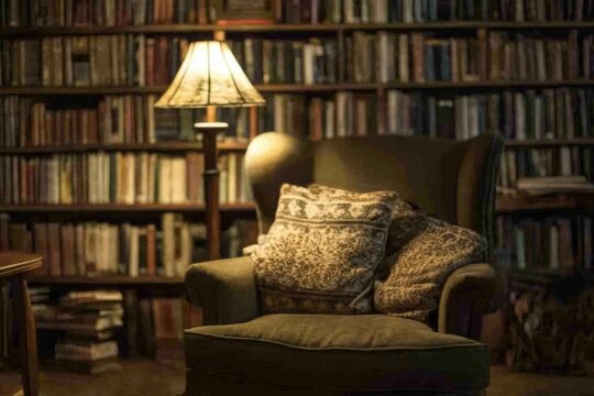 retro cozy quiet home library corner with lamp, with worn books, soft lighting, and a gentle ambiance that reflects a demure mood