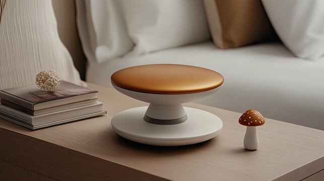 Warm light sets a cozy mood on the bedside table in an American bedroom, featuring vases, books, and a mushroom toy