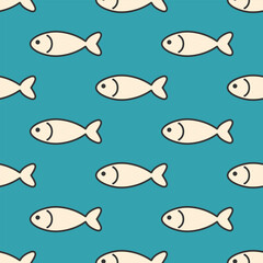 Fishes vector seamless pattern White stylized silhouettes with black outline on turquoise background