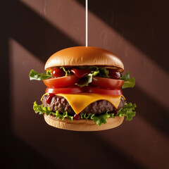 Homemade beef burger with crispy bacon and vegetables on rustic serving board