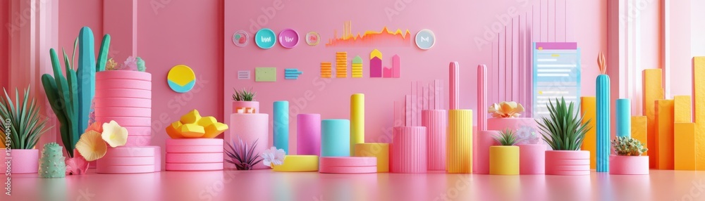 Poster a vibrant and playful display featuring colorful objects and plants against a pink background, creat