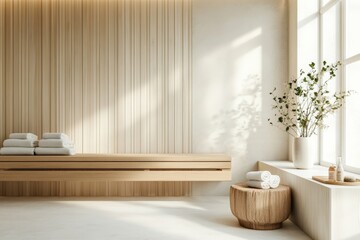 Fototapeta premium Scandinavian spa interior with a sauna, wooden benches, and soft towels, surrounded by natural elements, minimal background with copy space 