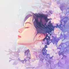 spring bloom soft pastel illustration of a woman surrounded by blooming flowers, embodying gentle femininity